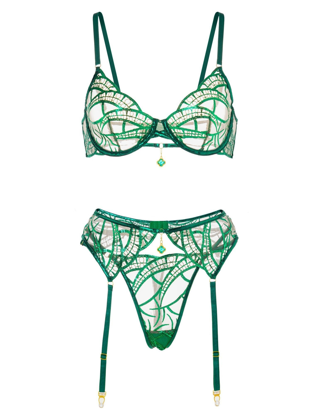 Luxe Green Metallic Foil Lace Lingerie Set - Novaesta