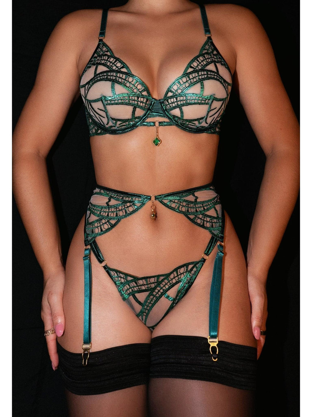 Luxe Green Metallic Foil Lace Lingerie Set - Novaesta