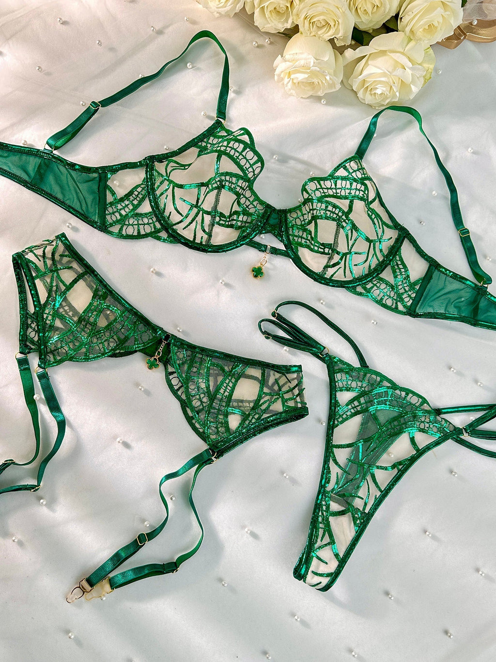 Luxe Green Metallic Foil Lace Lingerie Set - Novaesta