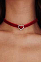 Velvet Choker Necklace Heart Diamante Lola Red