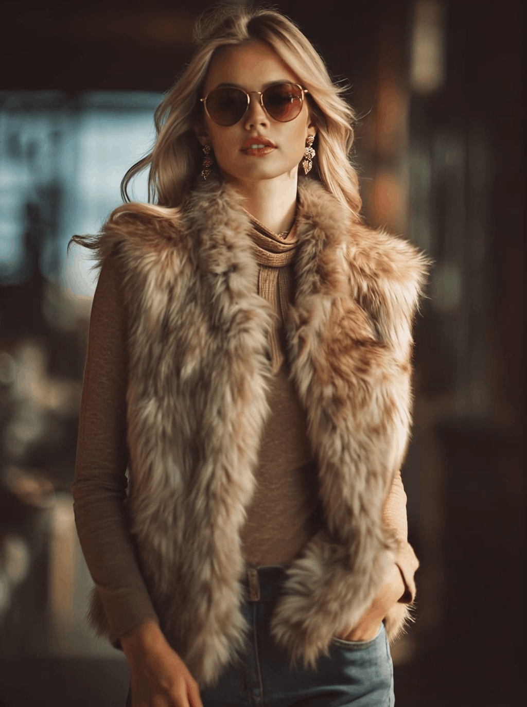 Sierra | Western stand-collar faux fur vest - Novaesta