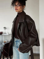 Women’s Brown Faux Leather Cropped Jacket