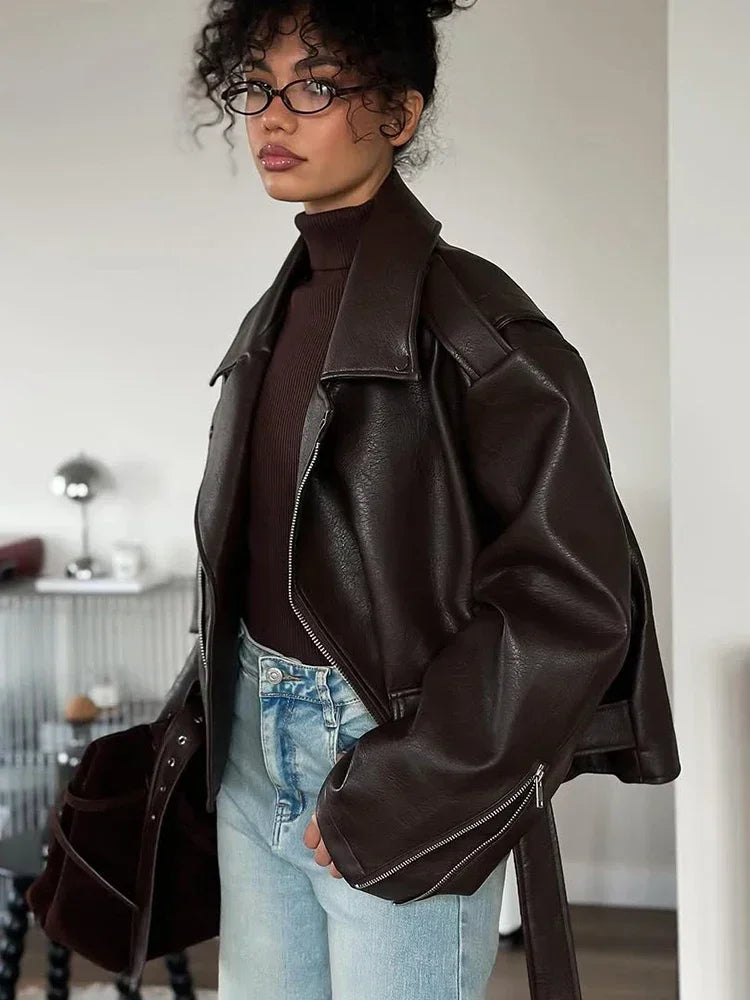 Women’s Brown Faux Leather Cropped Jacket