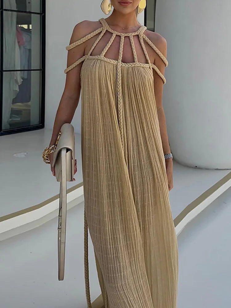 Lorine | Draped Maxi Dress in Braided Linen - Novaesta