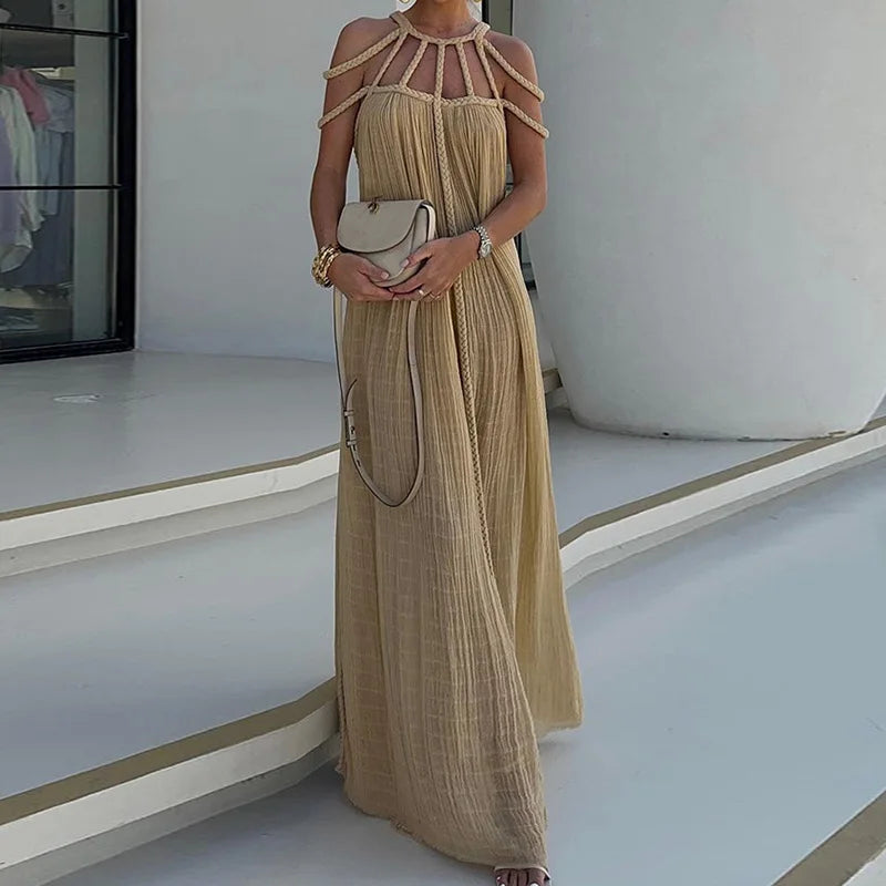 Lorine | Draped Maxi Dress in Braided Linen - Novaesta