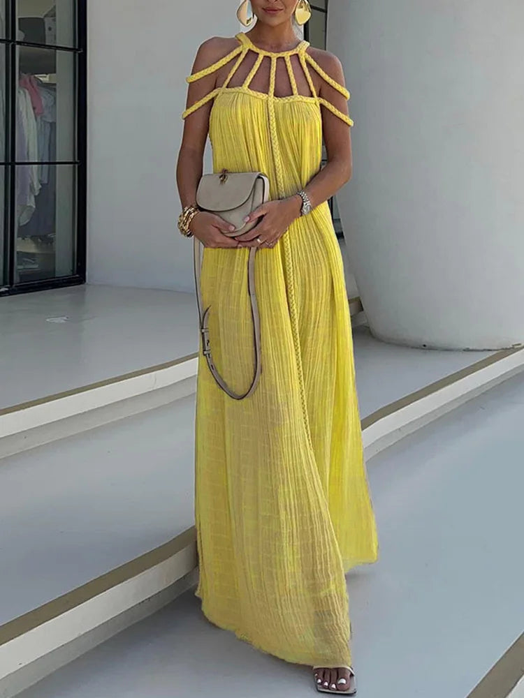 Lorine | Draped Maxi Dress in Braided Linen - Novaesta