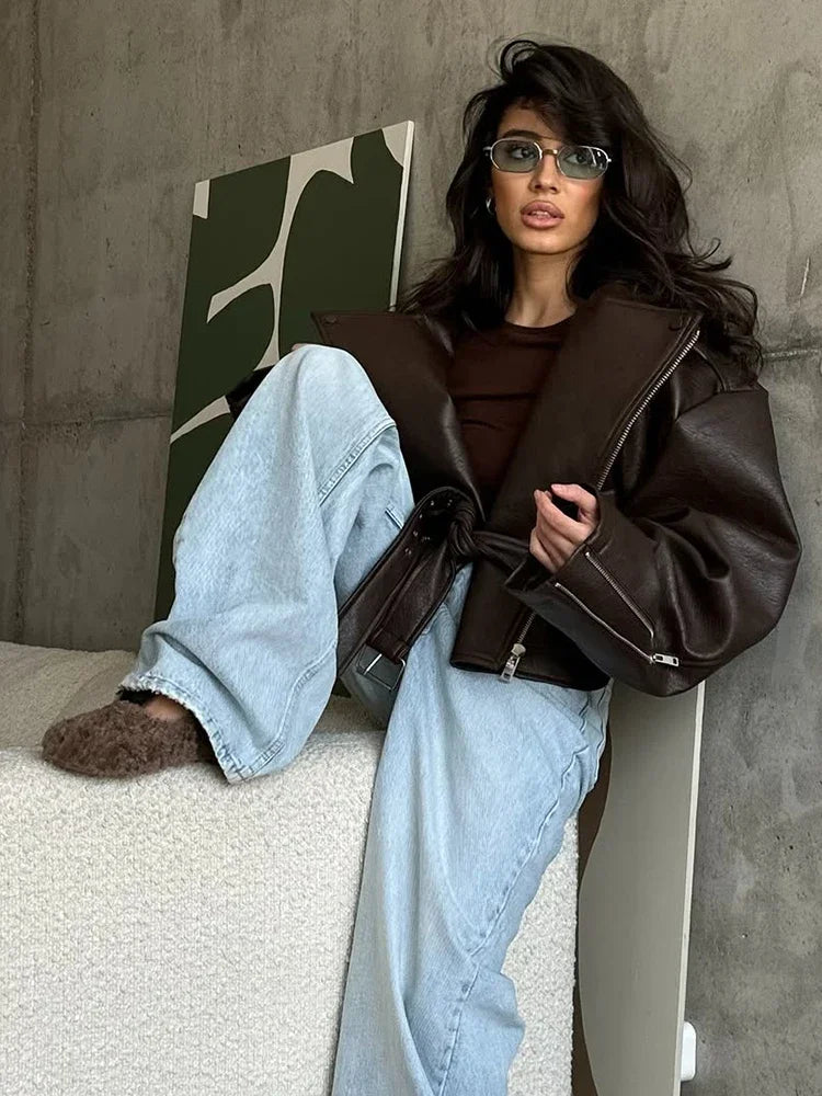 Women’s Brown Faux Leather Cropped Jacket