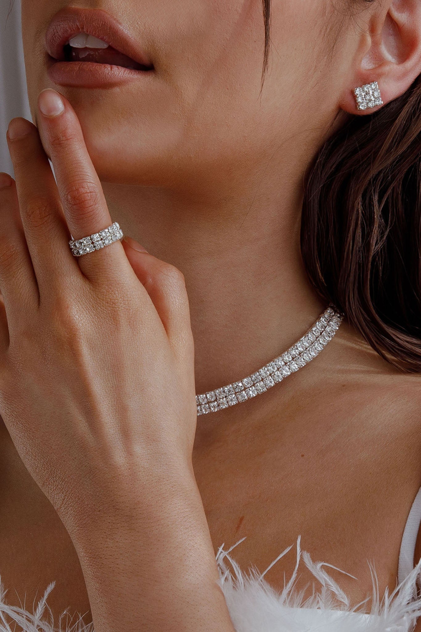 Earrings, Ring, and Necklace Suite Life Diamante Silver