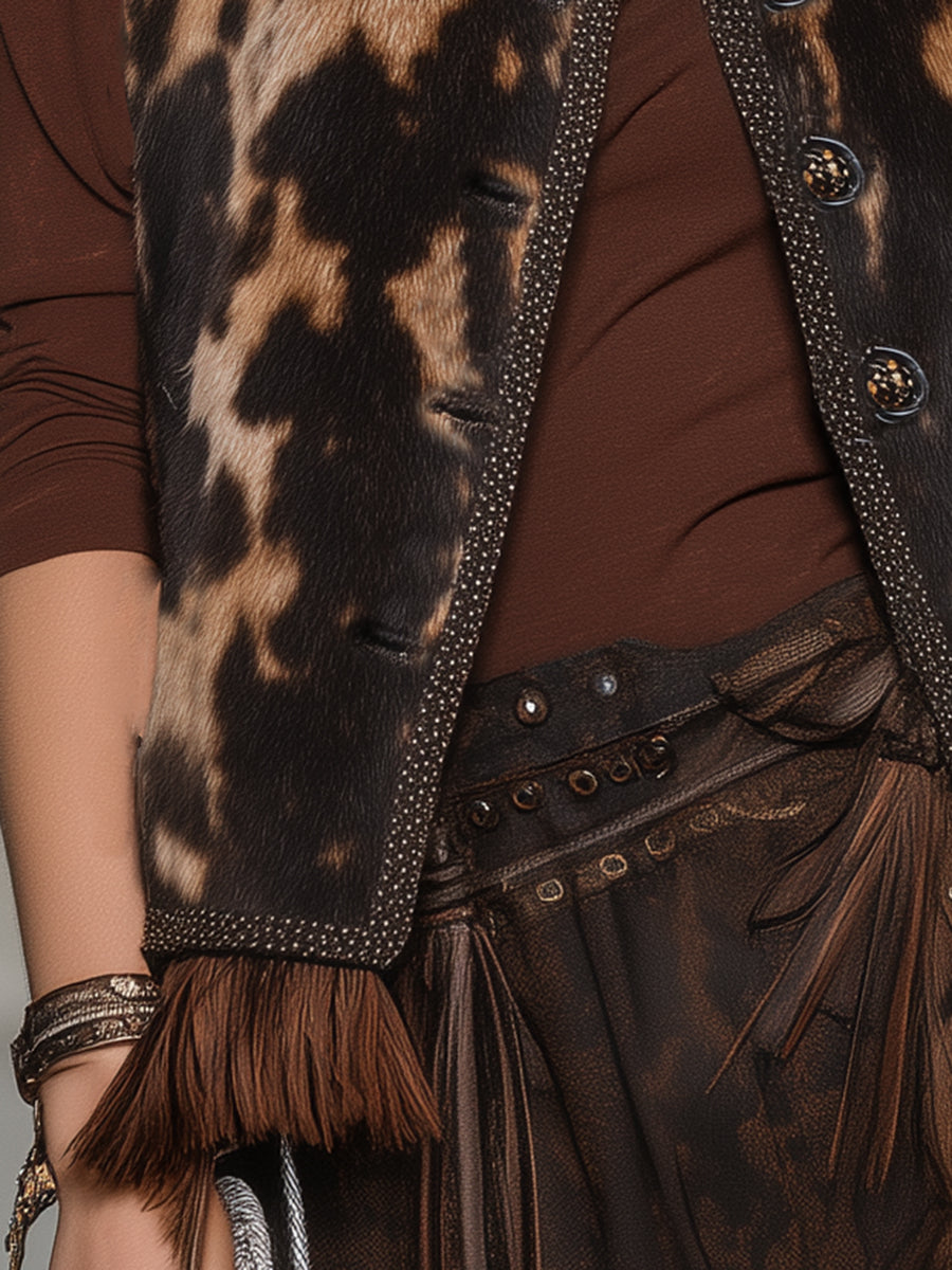 Roxy | Animal-Print Tasseled Faux Fur Vest - Novaesta