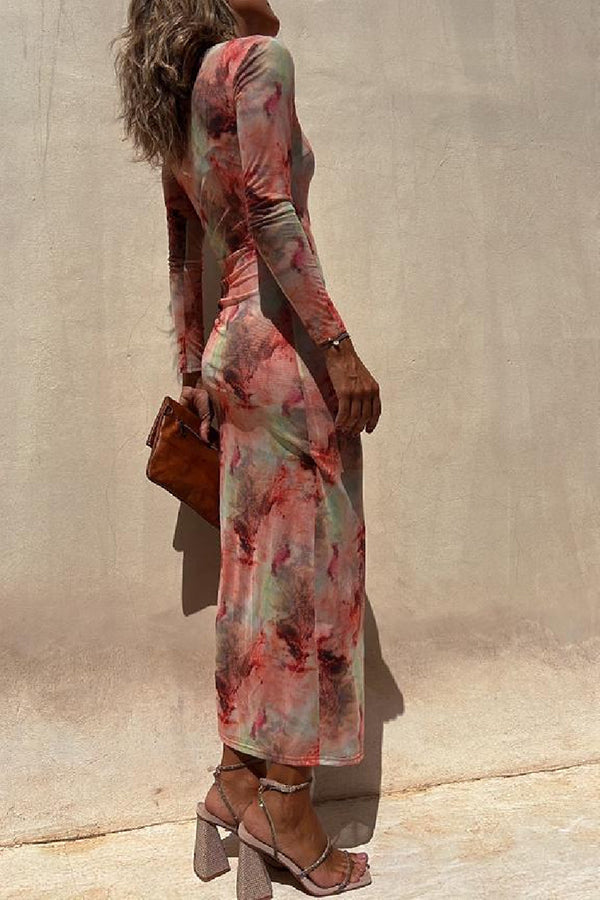 Nayla | Midi Dress with Long Sleeves and Tie-Dye Tulle - Novaesta