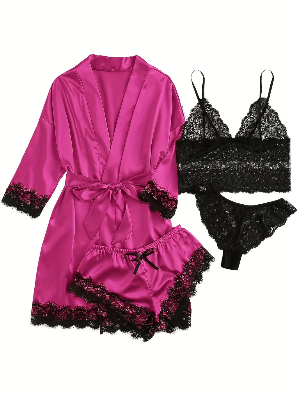 Aurora – Satin Lace Lounge Set with Kimono & Shorts - Novaesta