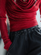 Scarlet | Red Shimmer Cowl-Neck Fitted Tee