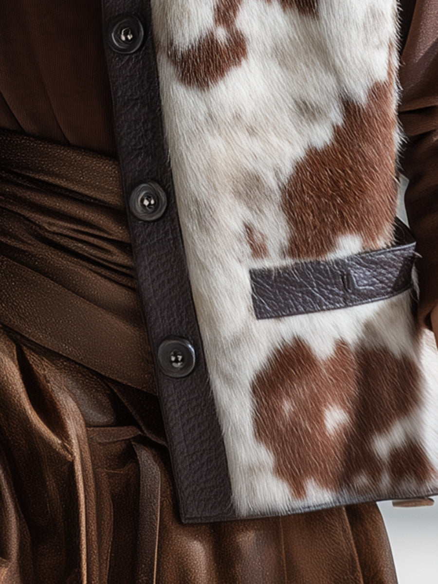 Retro Ranch | Brown Cow-Print Faux Fur Vest