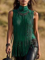 Dakota | Personalized Western Dark Green Suede Tassel Turtleneck Vest
