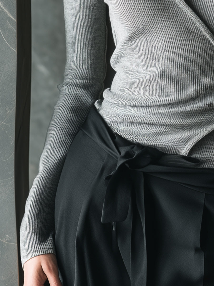 Aria | Chic Gray Wrap-Front Knit Top - Novaesta