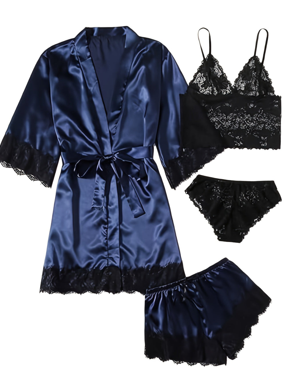 Aurora – Satin Lace Lounge Set with Kimono & Shorts - Novaesta