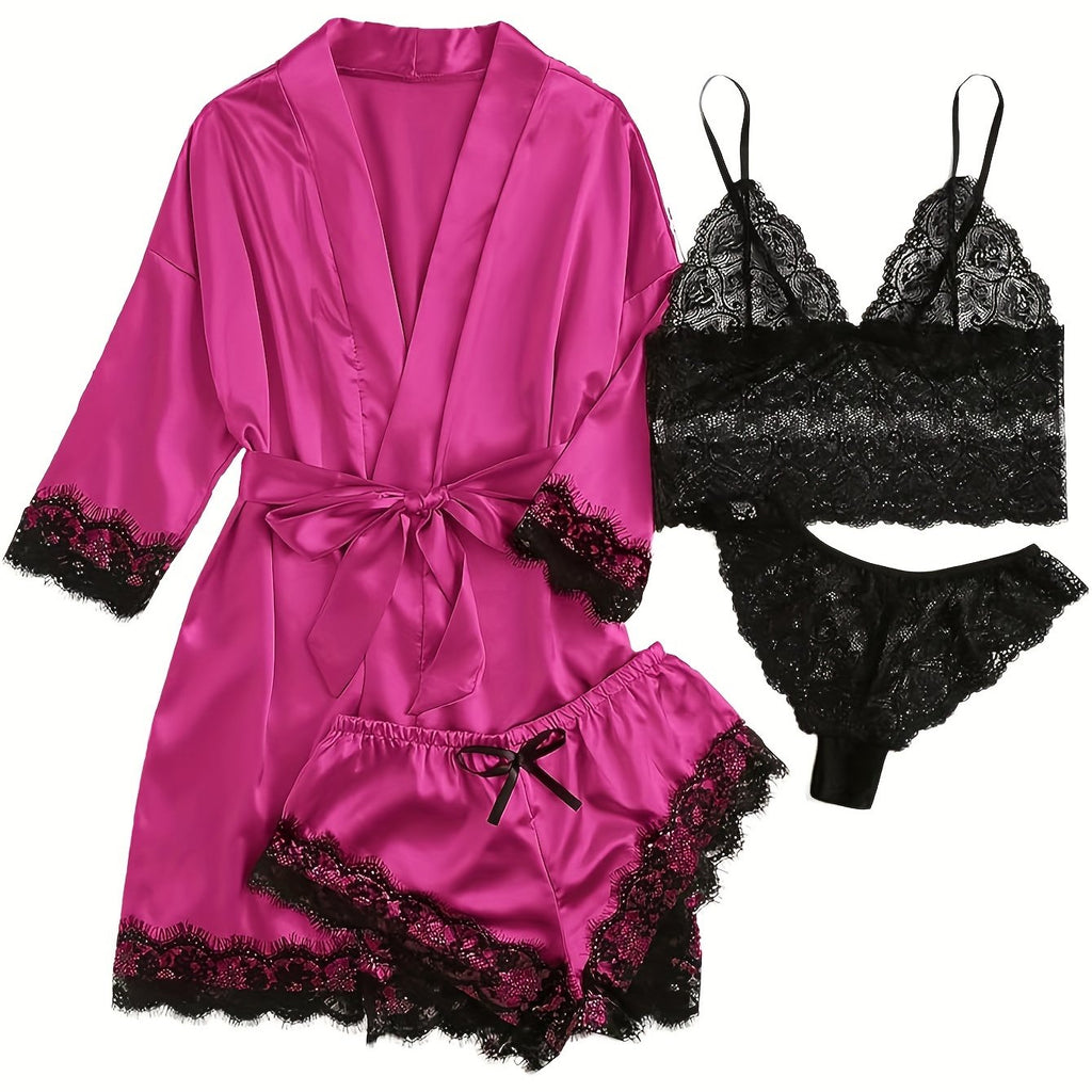 Aurora – Satin Lace Lounge Set with Kimono & Shorts - Novaesta