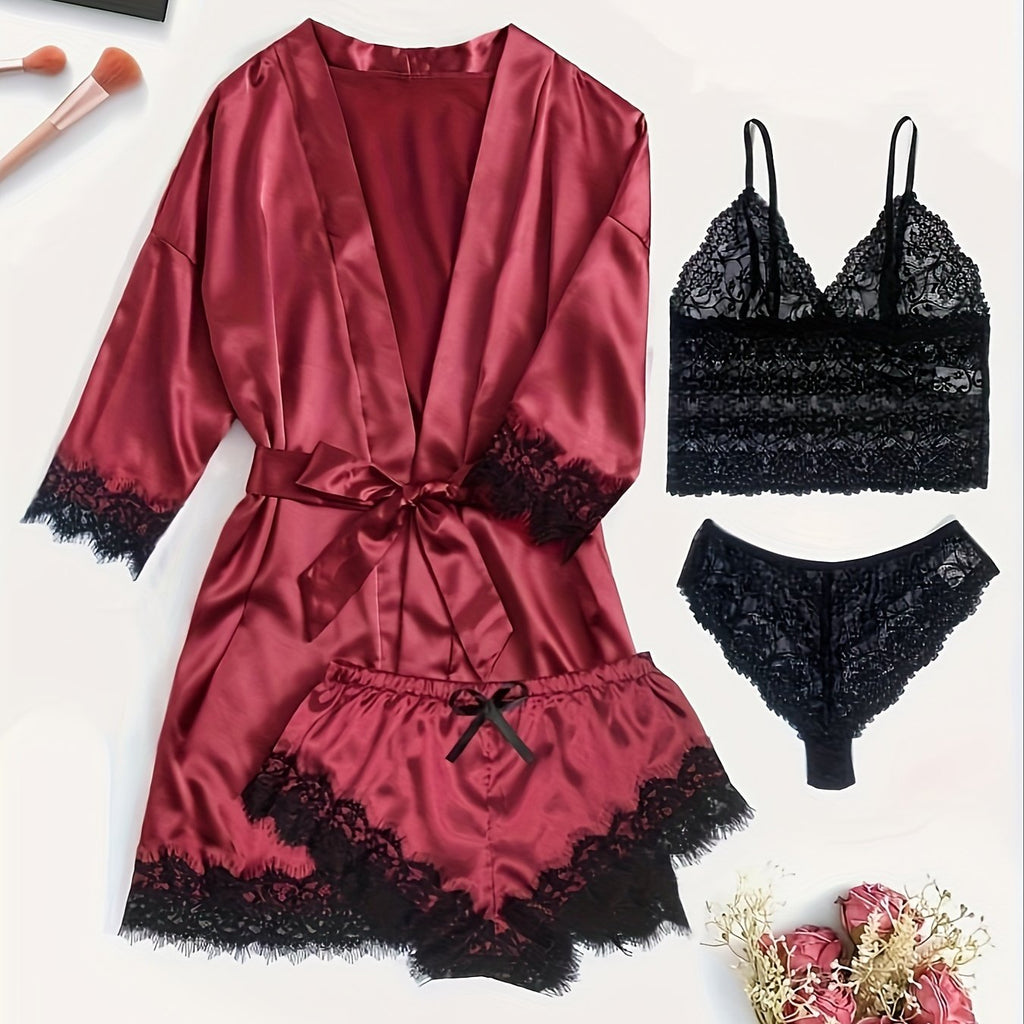 Aurora – Satin Lace Lounge Set with Kimono & Shorts - Novaesta