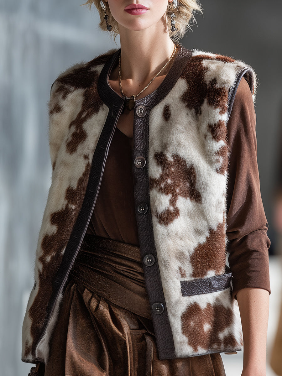 Retro Ranch | Brown Cow-Print Faux Fur Vest - Novaesta