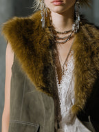 Mila | Retro Green Suede Vest with Faux Fur Collar