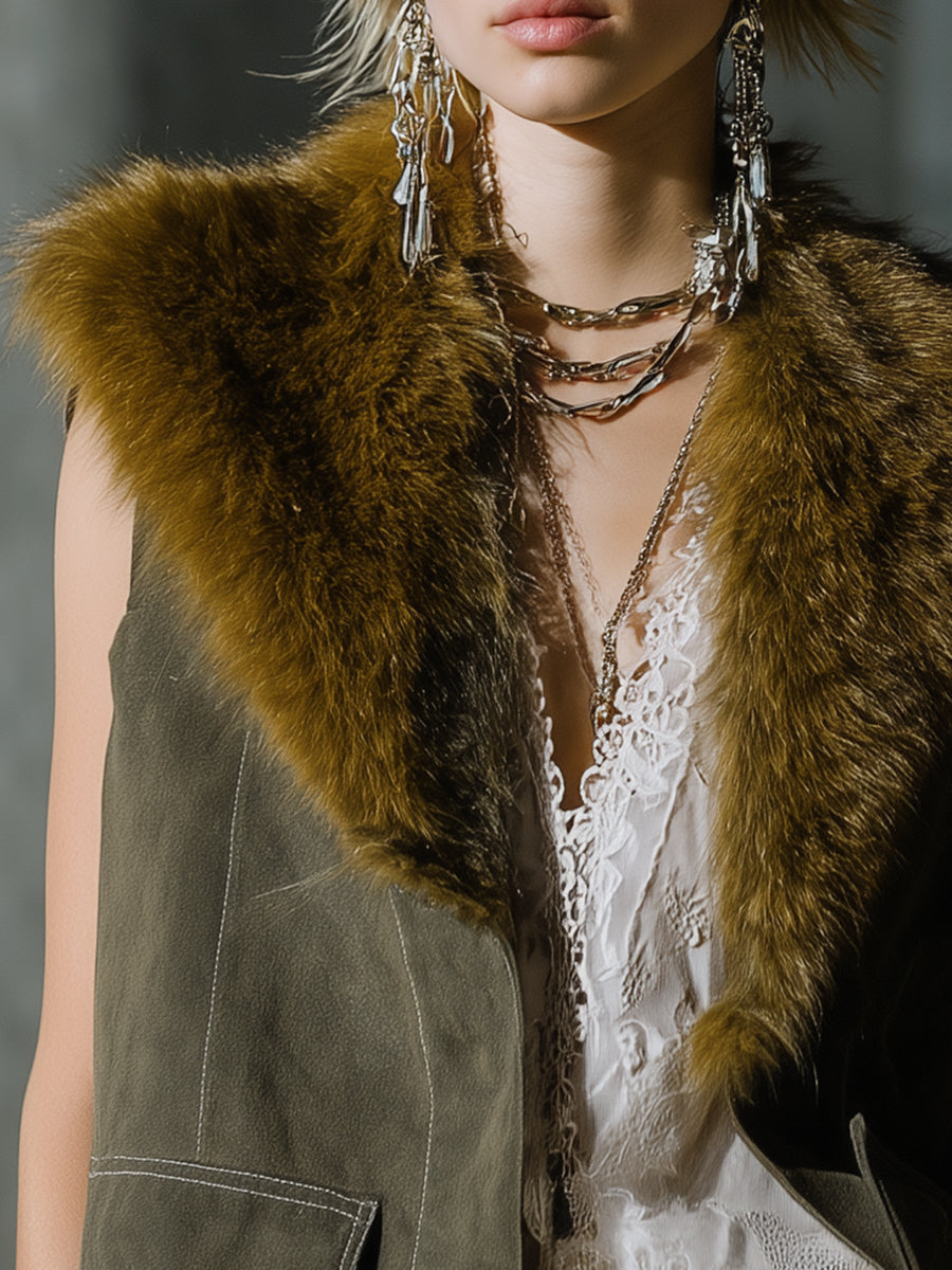 Mila | Retro Green Suede Vest with Faux Fur Collar