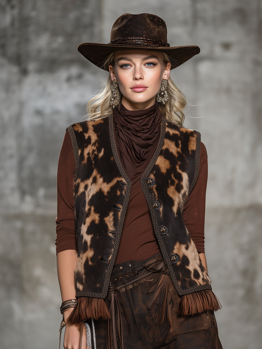 Roxy | Animal-Print Tasseled Faux Fur Vest - Novaesta