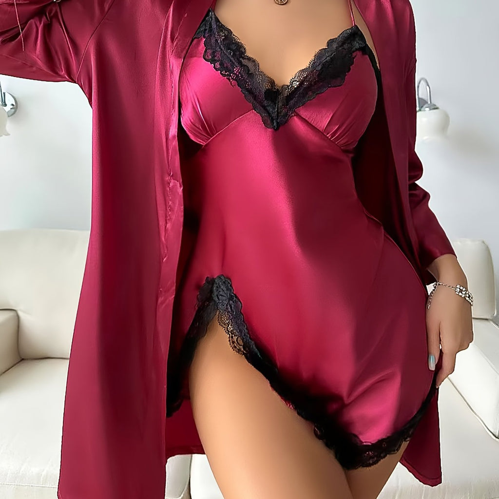 Elvira – Satin Robe & V-Neck Lace Slip Set - Novaesta