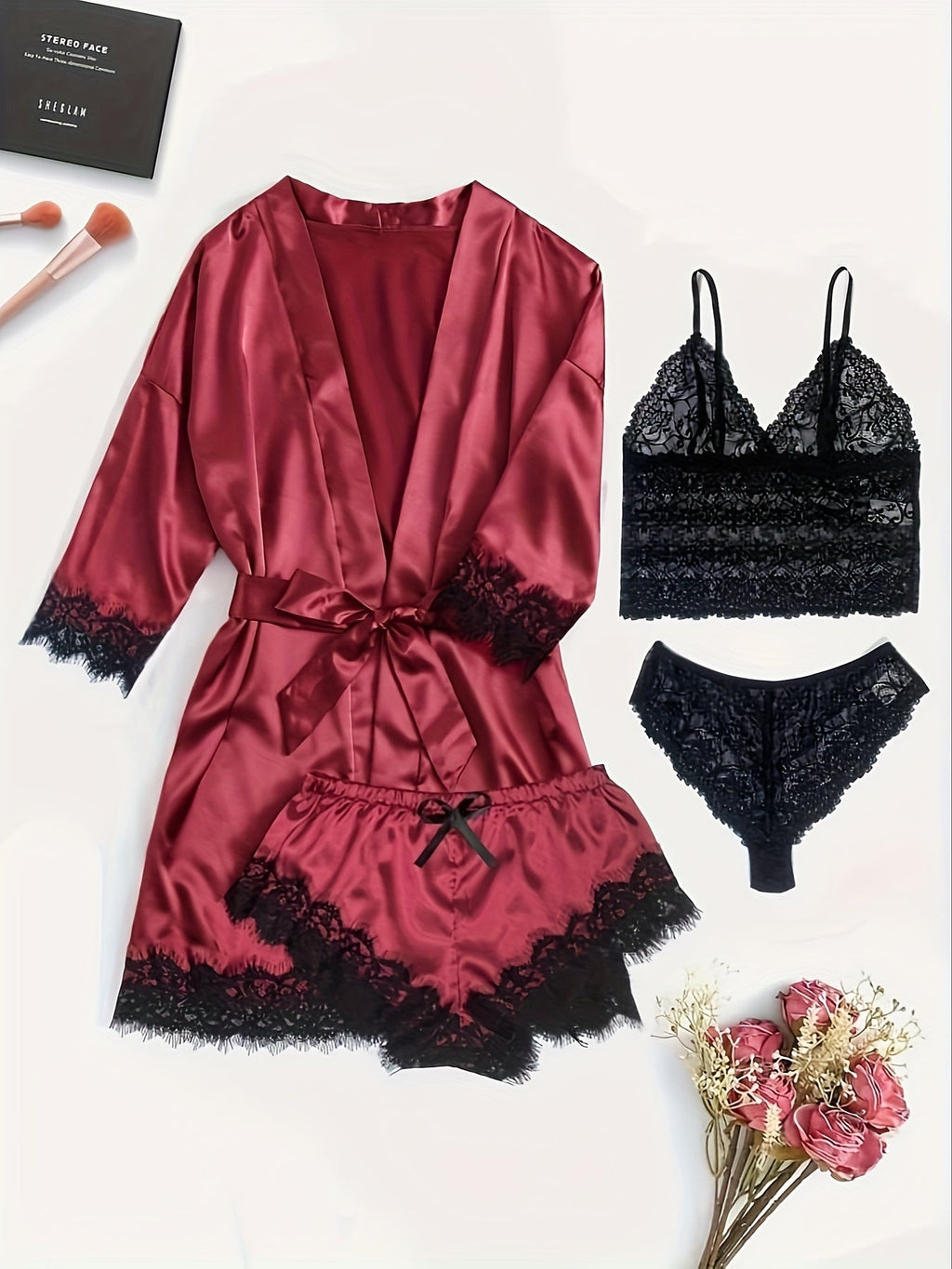 Aurora – Satin Lace Lounge Set with Kimono & Shorts - Novaesta