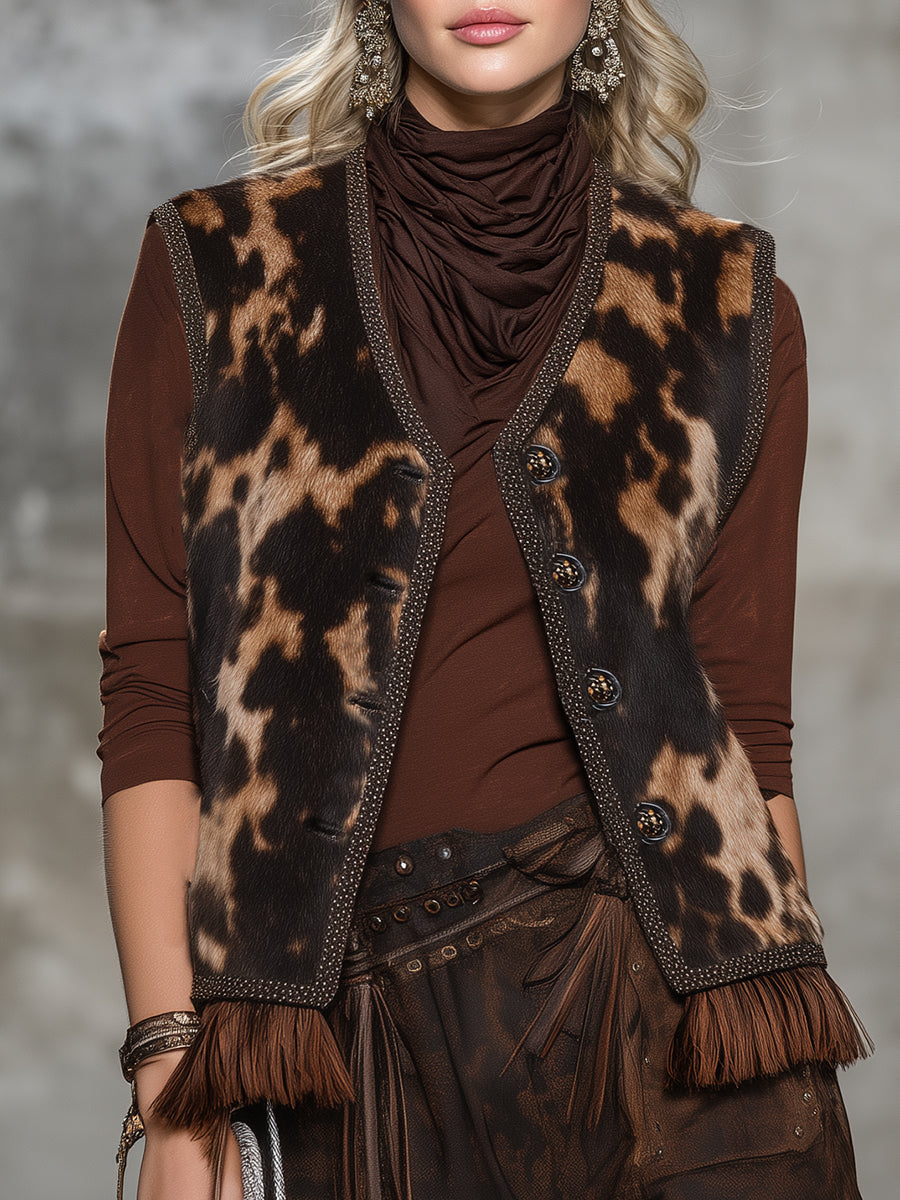 Roxy | Animal-Print Tasseled Faux Fur Vest - Novaesta