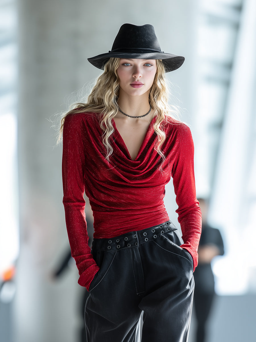 Scarlet | Red Shimmer Cowl-Neck Fitted Tee - Novaesta