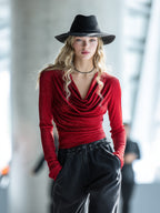 Scarlet | Red Shimmer Cowl-Neck Fitted Tee