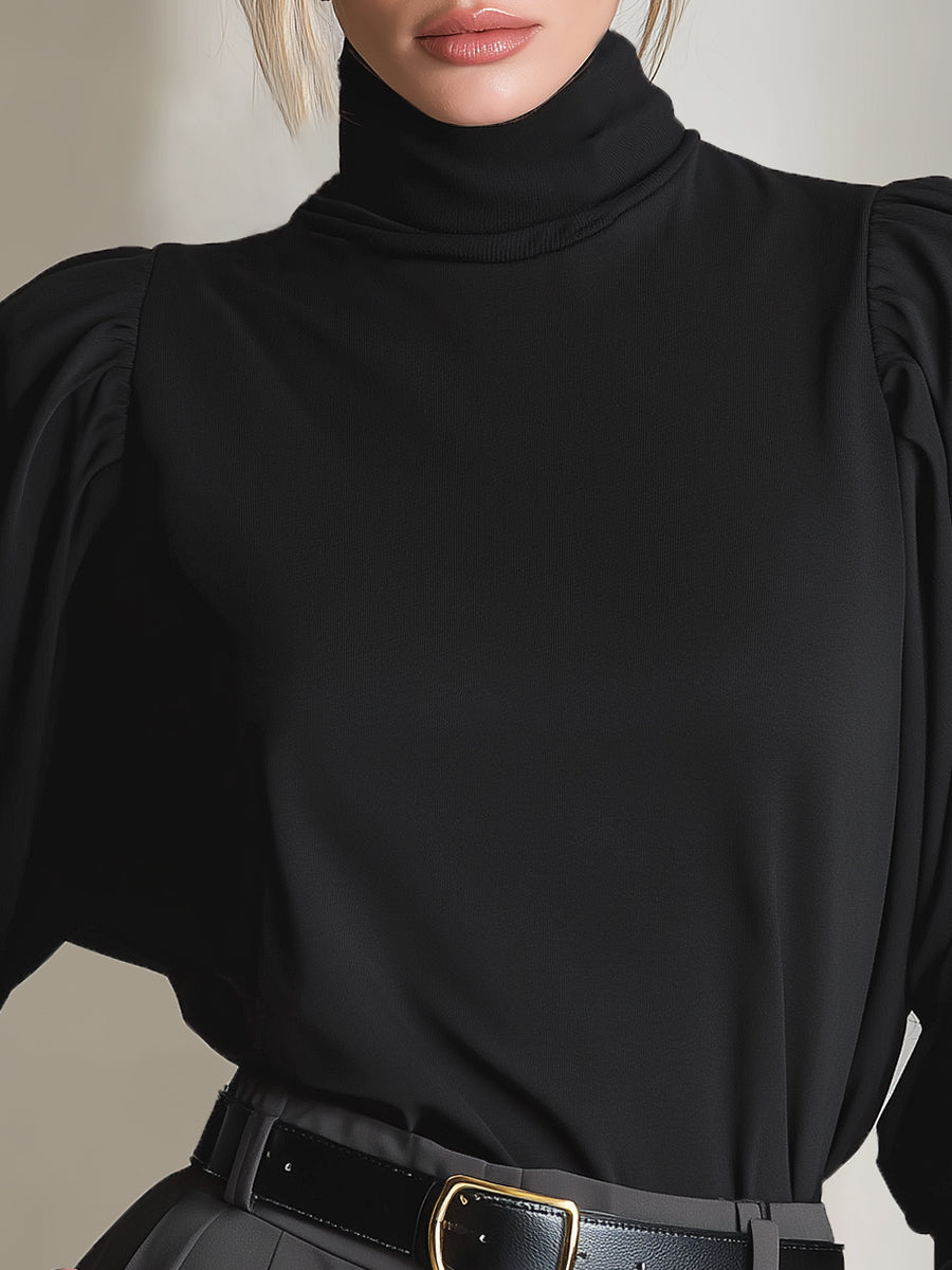 Noir Wing | High-Collar Long-Sleeve Batwing Black Cotton Tee - Novaesta
