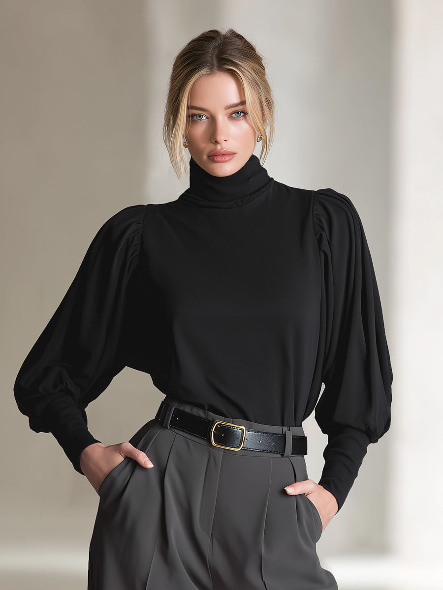 Noir Wing | High-Collar Long-Sleeve Batwing Black Cotton Tee - Novaesta
