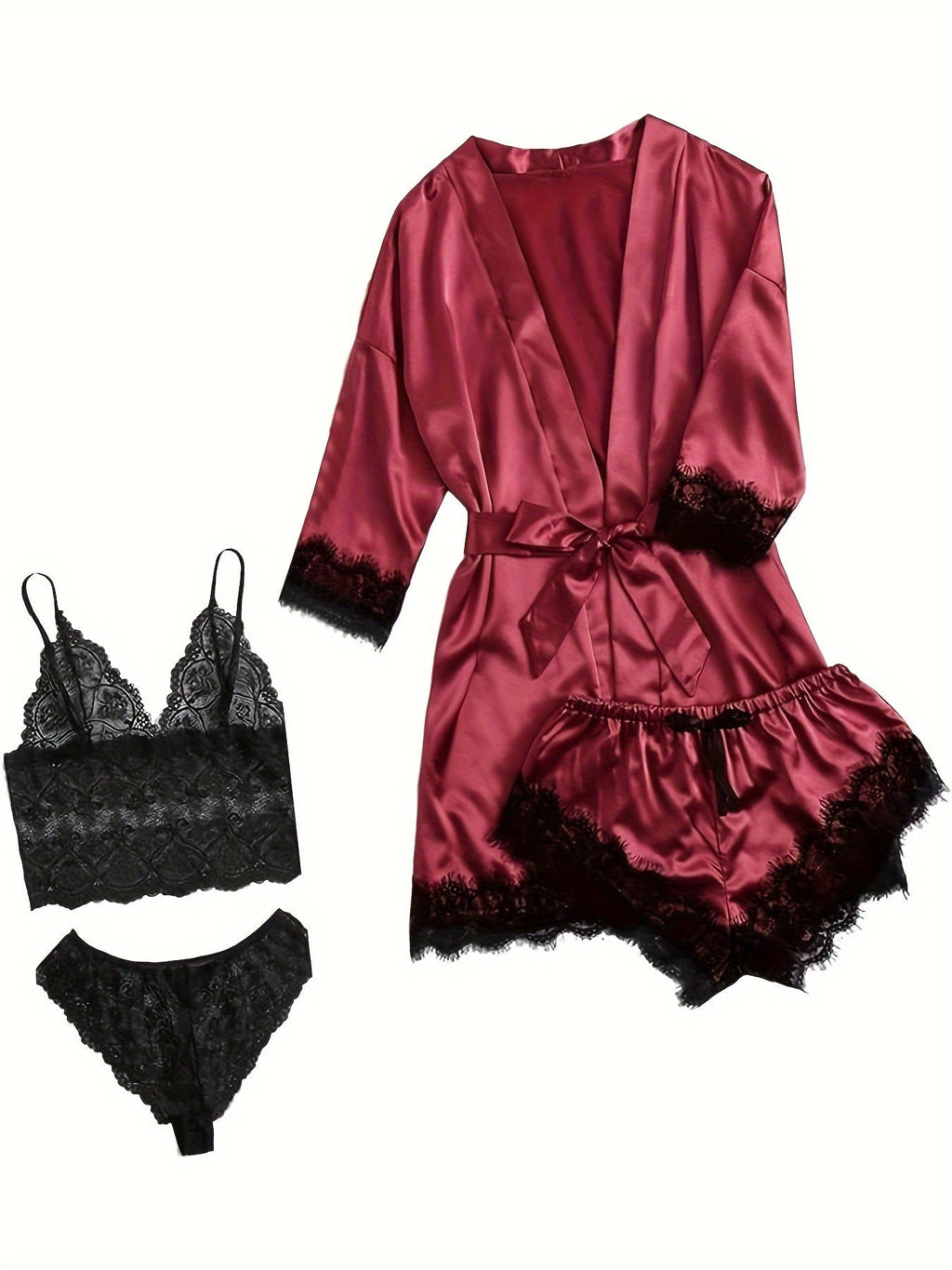 Aurora – Satin Lace Lounge Set with Kimono & Shorts - Novaesta