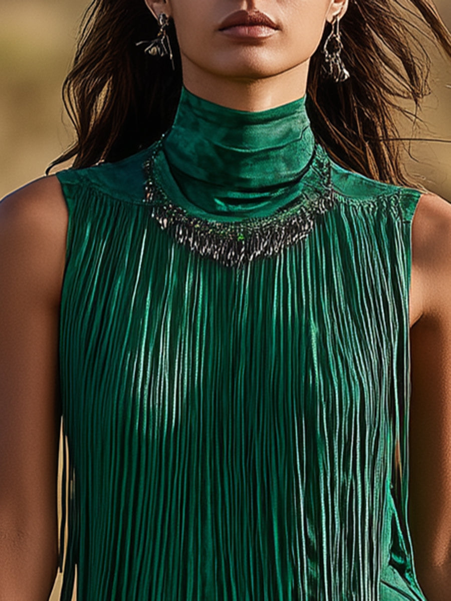 Dakota | Personalized Western Dark Green Suede Tassel Turtleneck Vest - Novaesta
