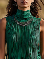 Dakota | Personalized Western Dark Green Suede Tassel Turtleneck Vest