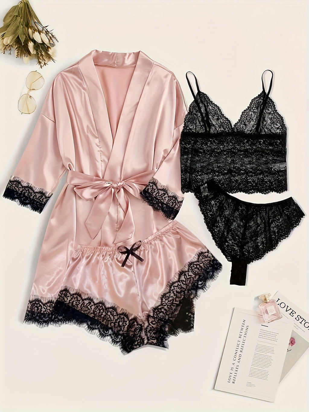 Aurora – Satin Lace Lounge Set with Kimono & Shorts - Novaesta