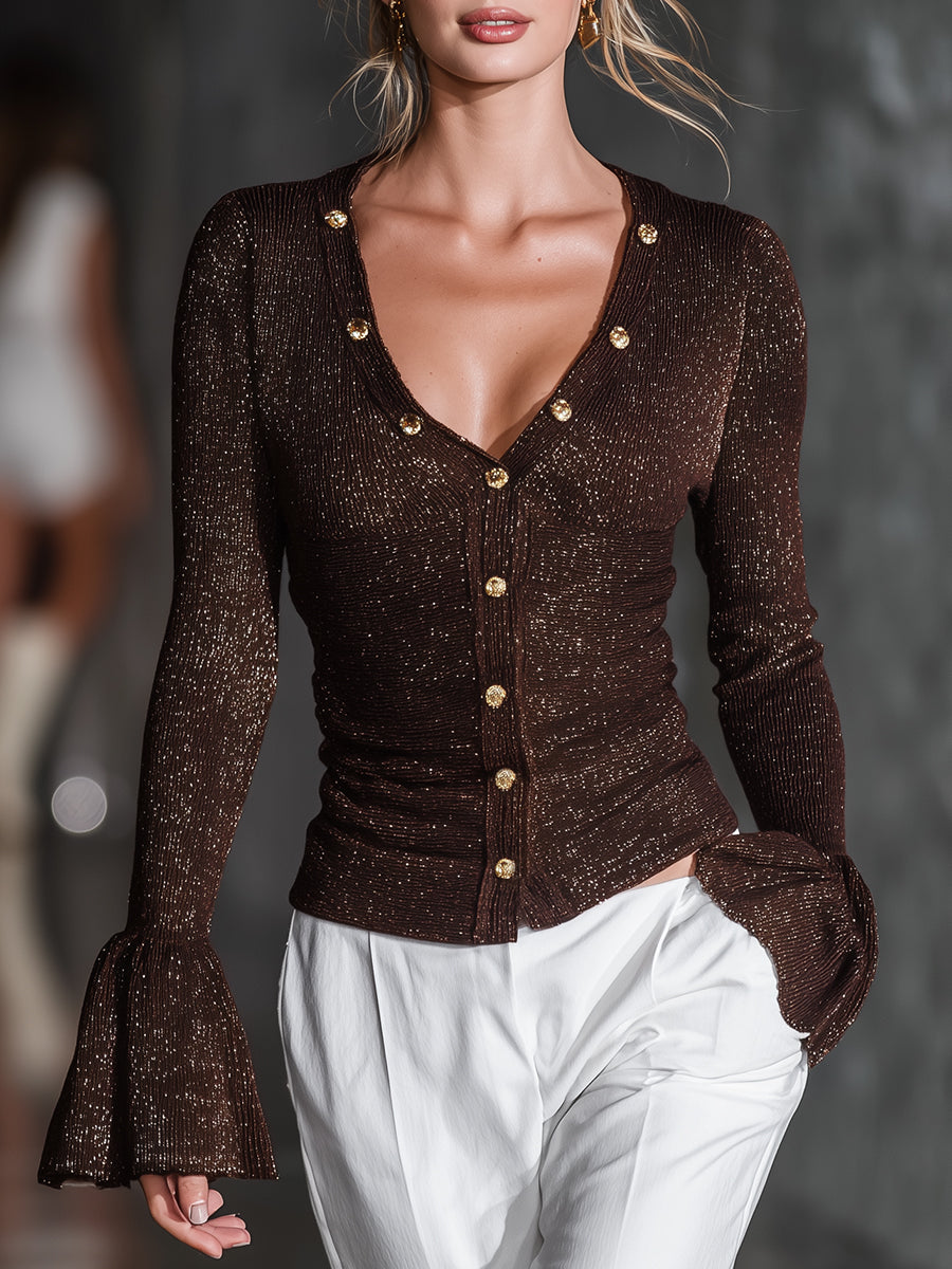 Luna | Brown Shimmer Knit V-neck Top - Novaesta