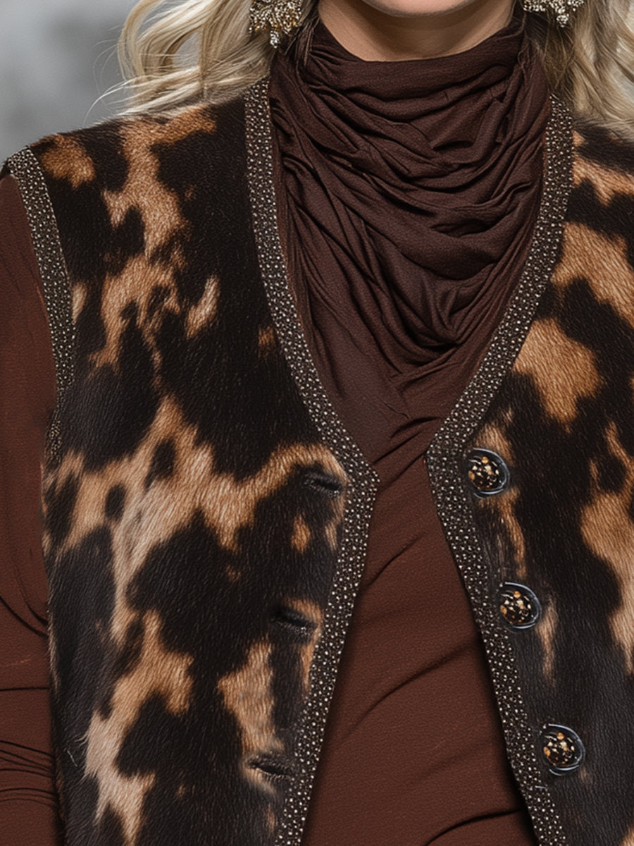 Roxy | Animal-Print Tasseled Faux Fur Vest - Novaesta