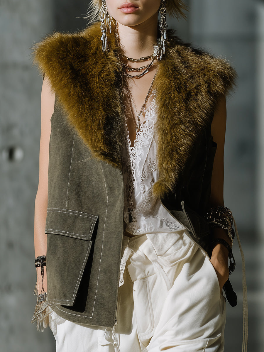 Mila | Retro Green Suede Vest with Faux Fur Collar - Novaesta