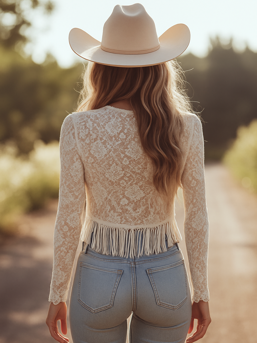 Vivienne | Retro Tassel Lace V-neck Long Sleeve Tee