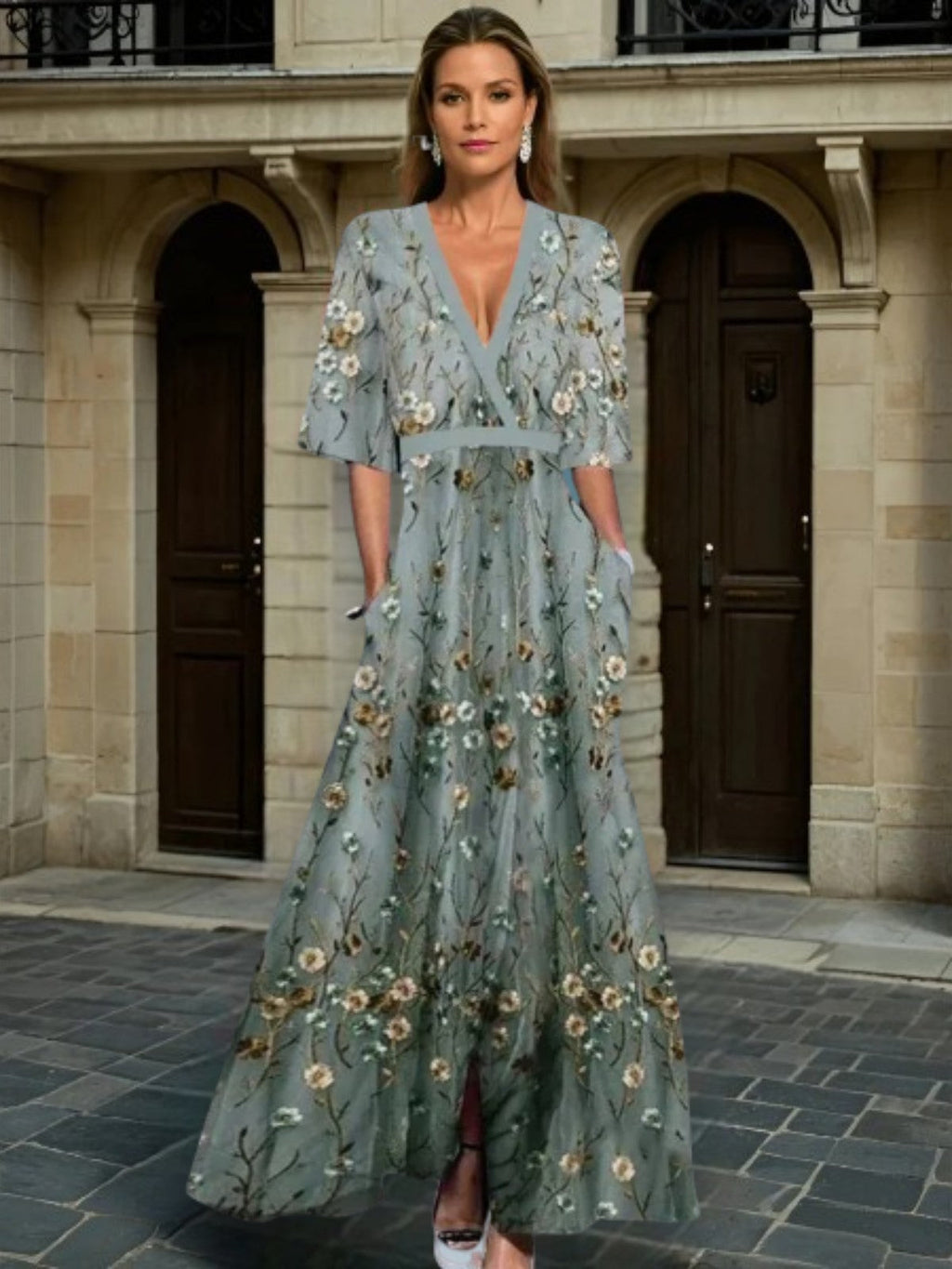 Harper | Elegant V-Neck Belted Boho Dress - Novaesta