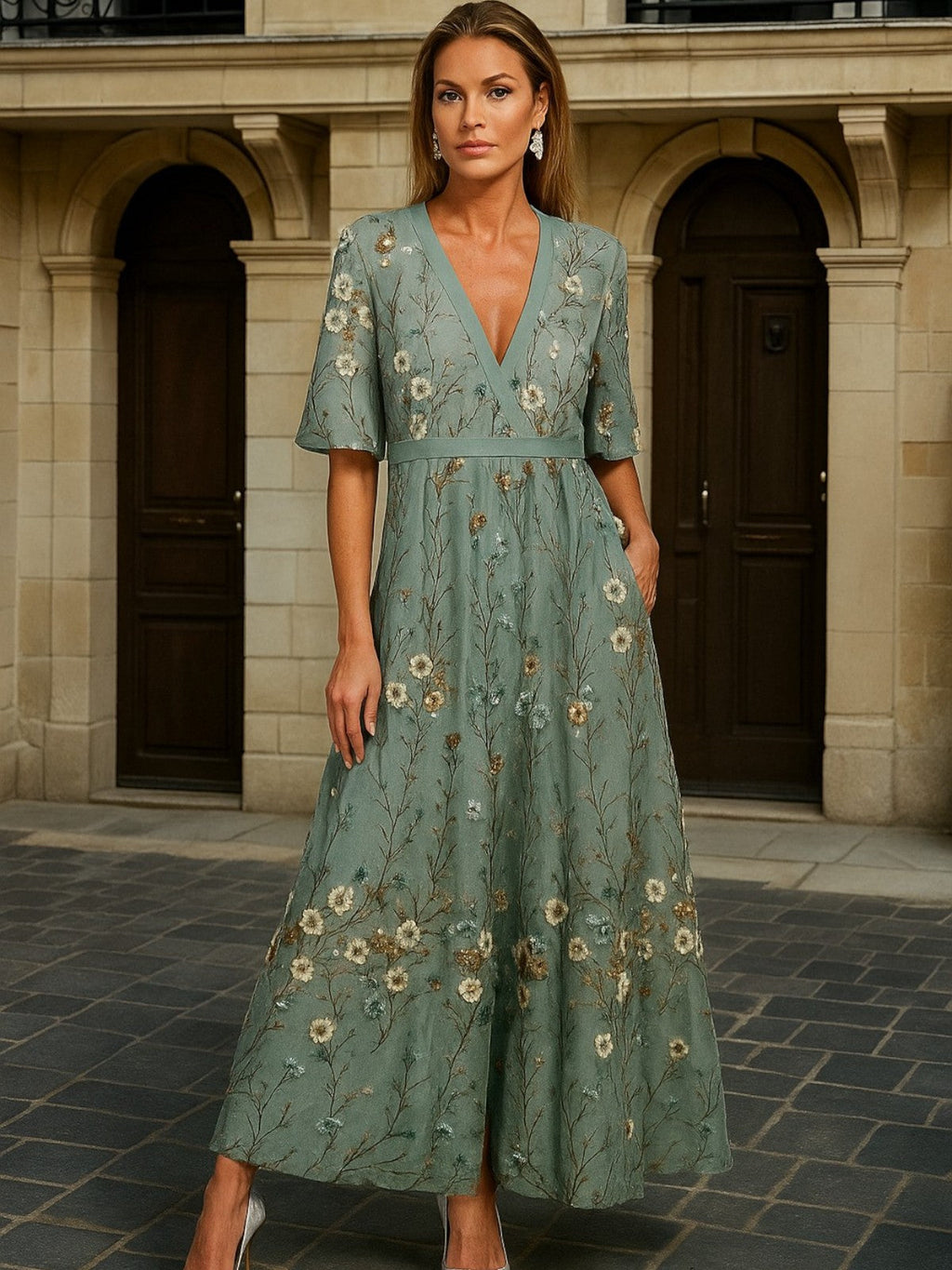 Harper | Elegant V-Neck Belted Boho Dress - Novaesta