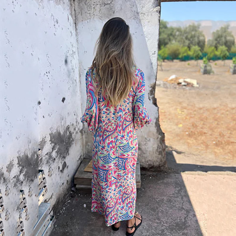 Maëlle | Maxi Bohemian Dress with Abstract Print - Novaesta