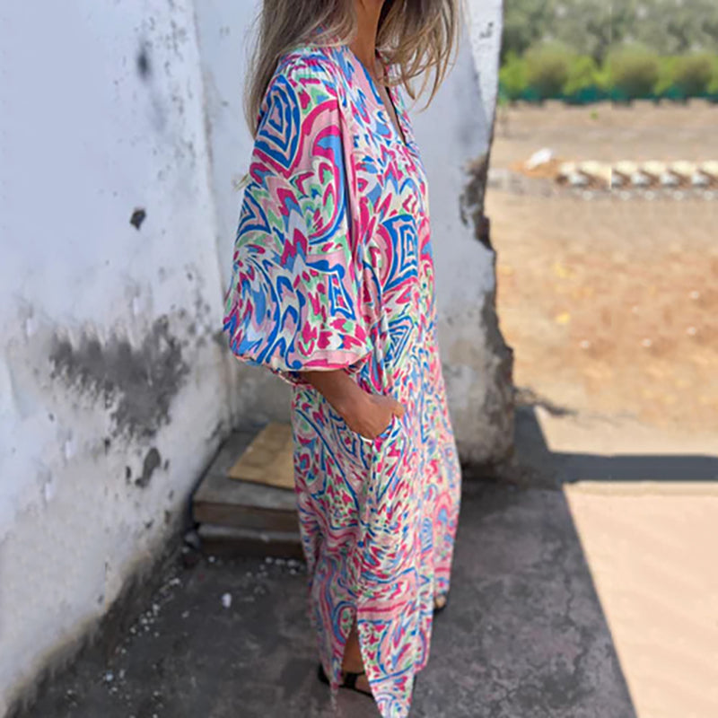 Maëlle | Maxi Bohemian Dress with Abstract Print - Novaesta