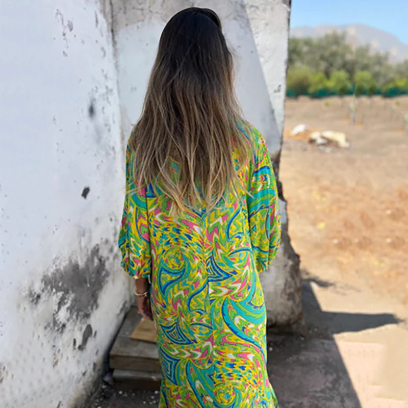 Maëlle | Maxi Bohemian Dress with Abstract Print - Novaesta