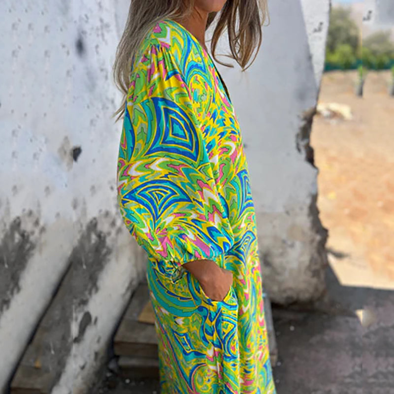 Maëlle | Maxi Bohemian Dress with Abstract Print - Novaesta