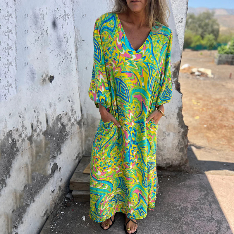 Maëlle | Maxi Bohemian Dress with Abstract Print - Novaesta