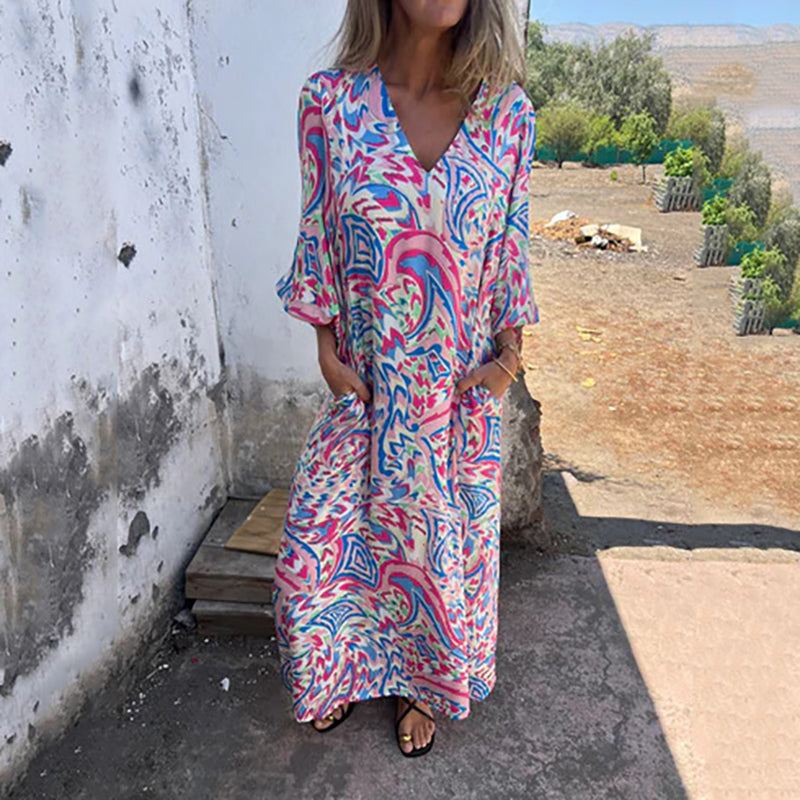 Maëlle | Maxi Bohemian Dress with Abstract Print - Novaesta